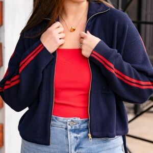 New navy blue red full zip sweater S